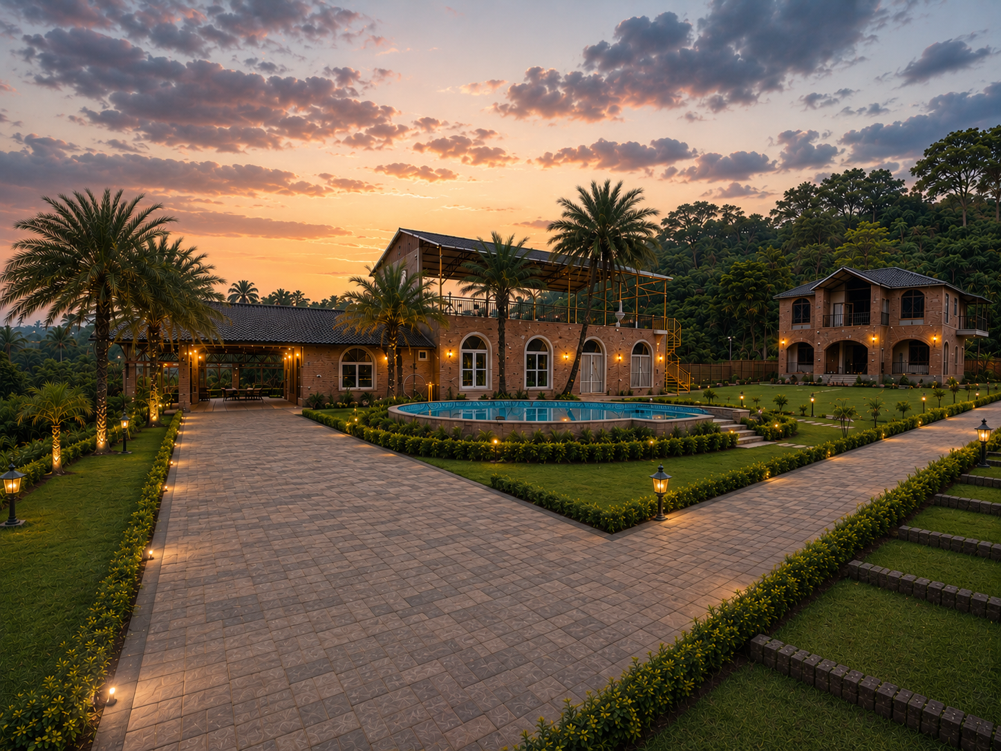 The Foothill Farmstay — Luxury Grounds at Dusk
